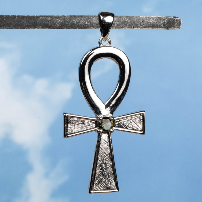 Muonionalusta Meteorite + Moldavite Ankh Pendant .925 Silver NEW DESIGN - InnerVision Crystals