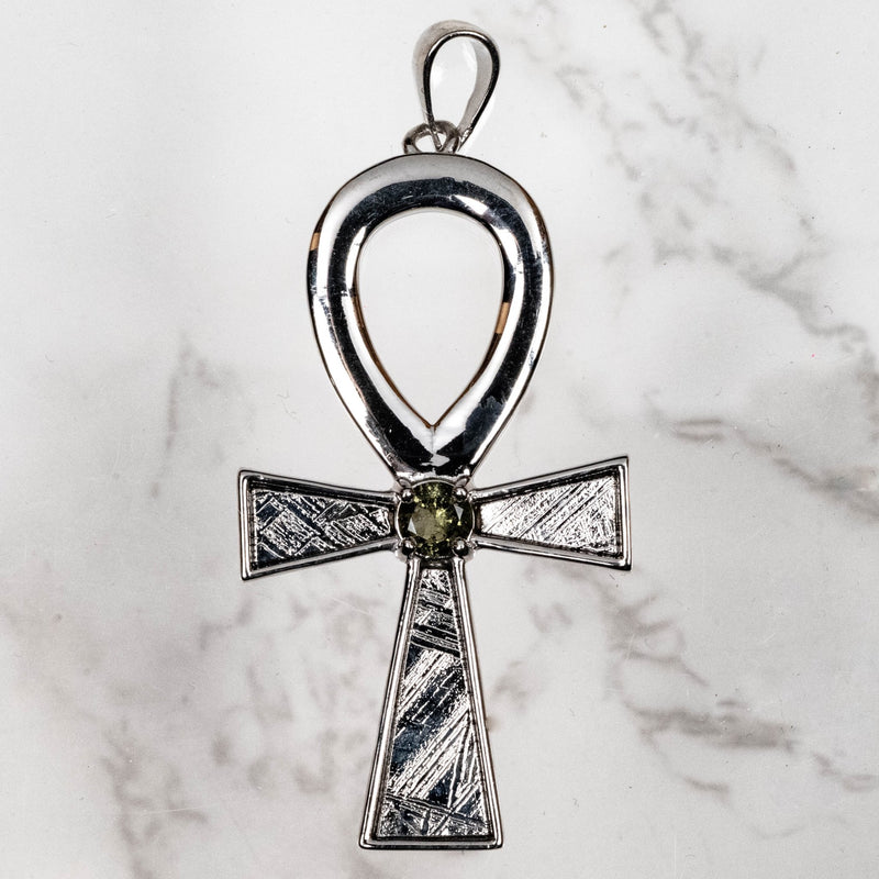 Muonionalusta Meteorite + Moldavite Ankh Pendant .925 Silver NEW DESIGN - InnerVision Crystals