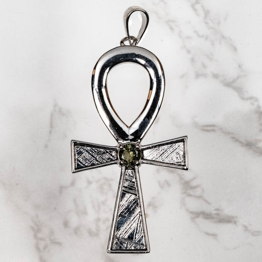 Muonionalusta Meteorite + Moldavite Ankh Pendant .925 Silver NEW DESIGN - InnerVision Crystals