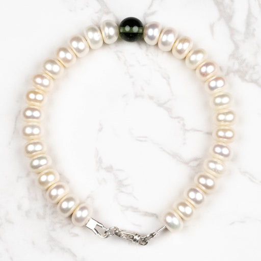 Pearl + Moldavite Bead Bracelet 8" .925 Silver - InnerVision Crystals