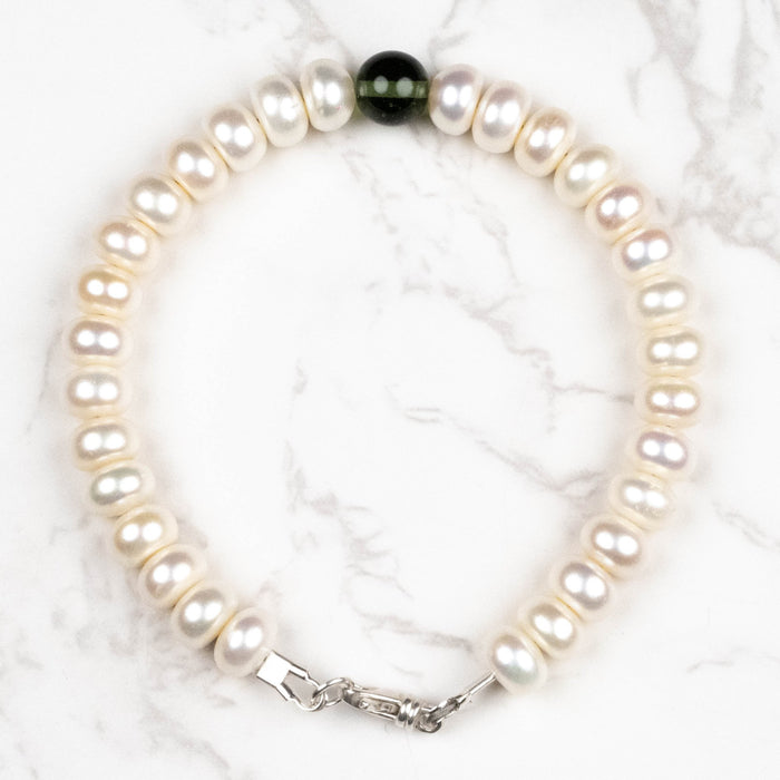 Pearl + Moldavite Bead Bracelet 8" .925 Silver - InnerVision Crystals