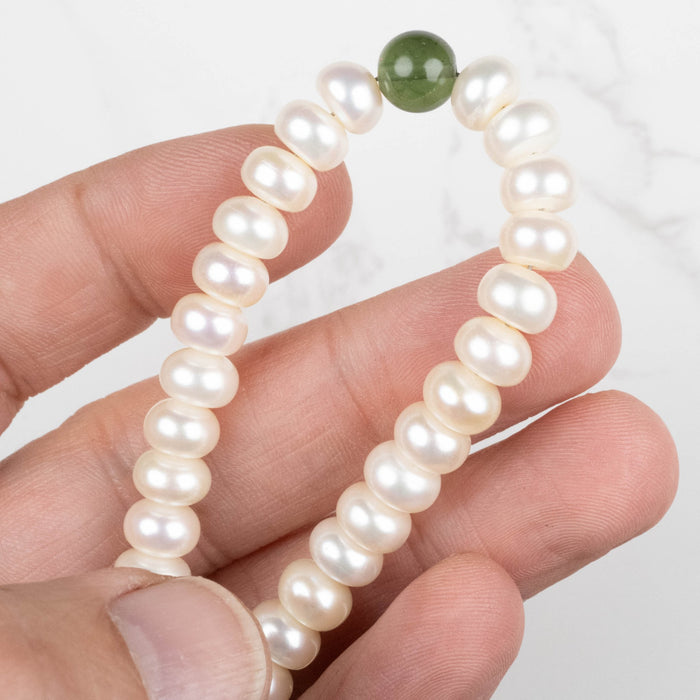 Pearl + Moldavite Bead Bracelet 8" .925 Silver - InnerVision Crystals