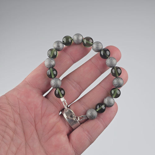 Moldavite + Aletai Meteorite Bead Bracelet 8.25" .925 Silver - InnerVision Crystals
