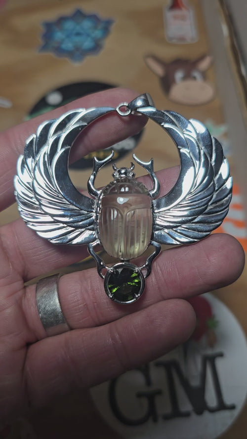 XL Libyan Desert Glass + Moldavite Scarab Pendant - InnerVision Crystals