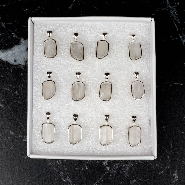 Satin Spar - Selenite Pendant + 18" Chain .925 Silver - InnerVision Crystals