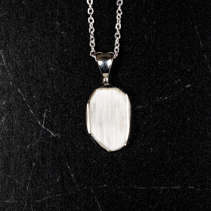 Satin Spar - Selenite Pendant 18mm + 18" Adjustable Chain .925 Silver - InnerVision Crystals