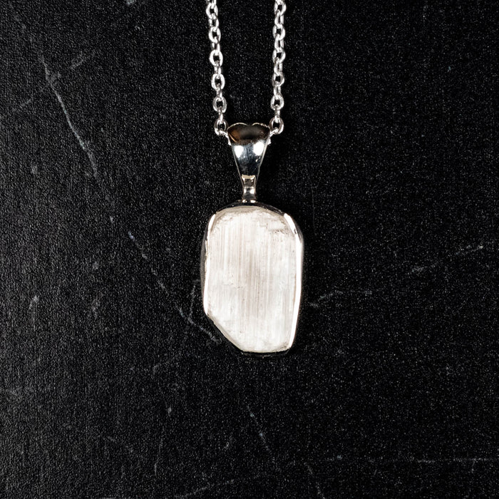 Satin Spar - Selenite Pendant 18mm + 18" Adjustable Chain .925 Silver - InnerVision Crystals