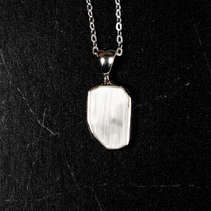 Satin Spar - Selenite Pendant 18mm + 18" Adjustable Chain .925 Silver - InnerVision Crystals