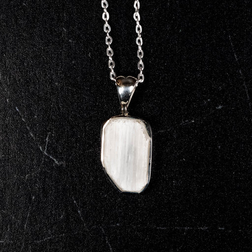 Satin Spar - Selenite Pendant 18mm + 18" Adjustable Chain .925 Silver - InnerVision Crystals