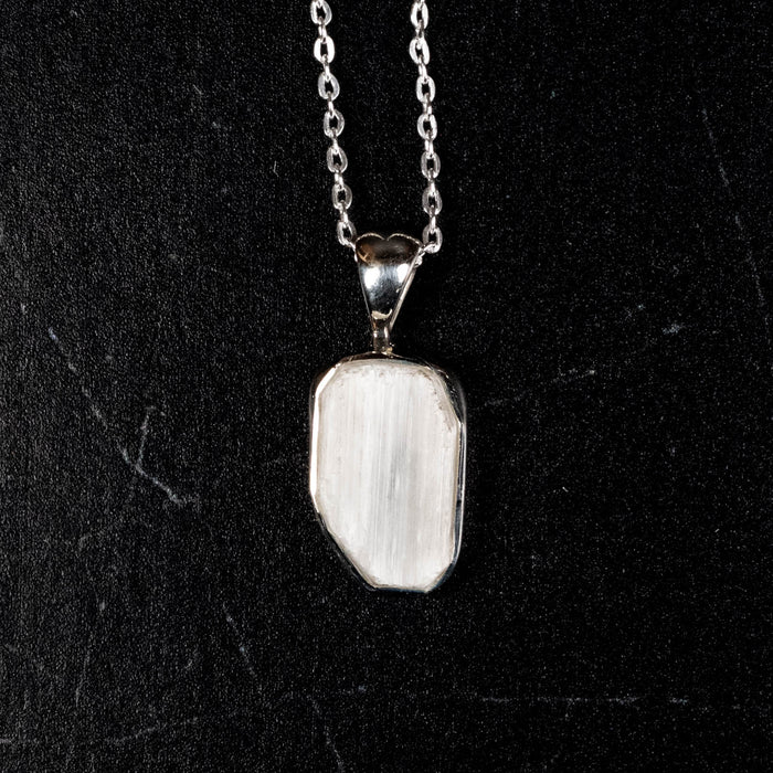 Satin Spar - Selenite Pendant 18mm + 18" Adjustable Chain .925 Silver - InnerVision Crystals