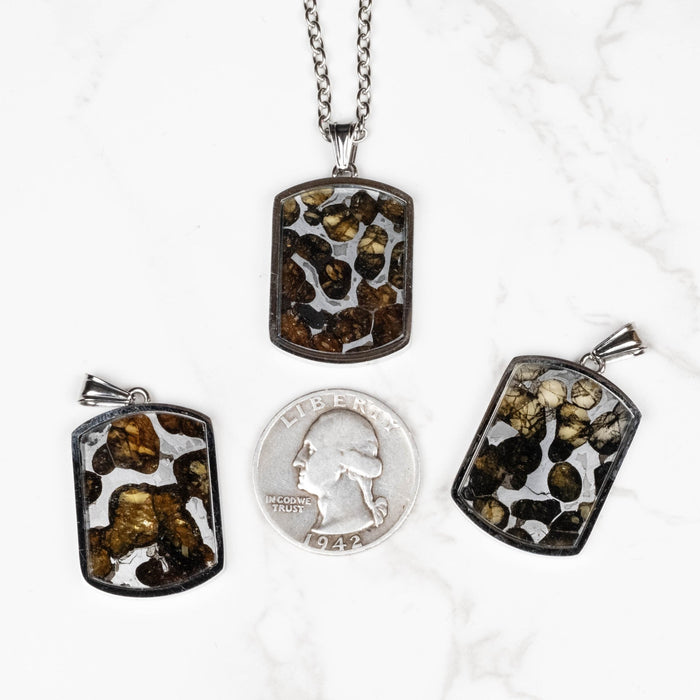 Sericho Pallasite Meteorite Pendant 28x21mm—Stainless Steel w/ 25" Chain - InnerVision Crystals