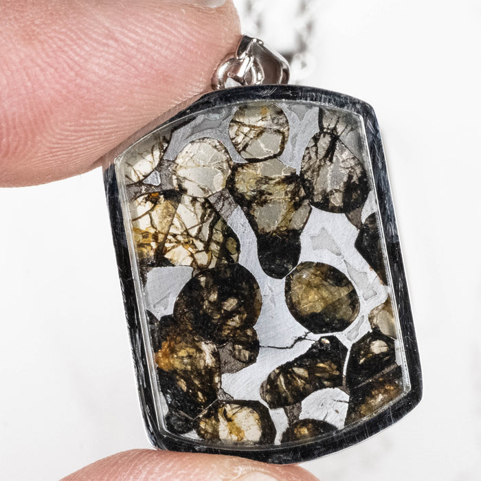 Sericho Pallasite Meteorite Pendant 28x21mm—Stainless Steel w/ 25" Chain - InnerVision Crystals