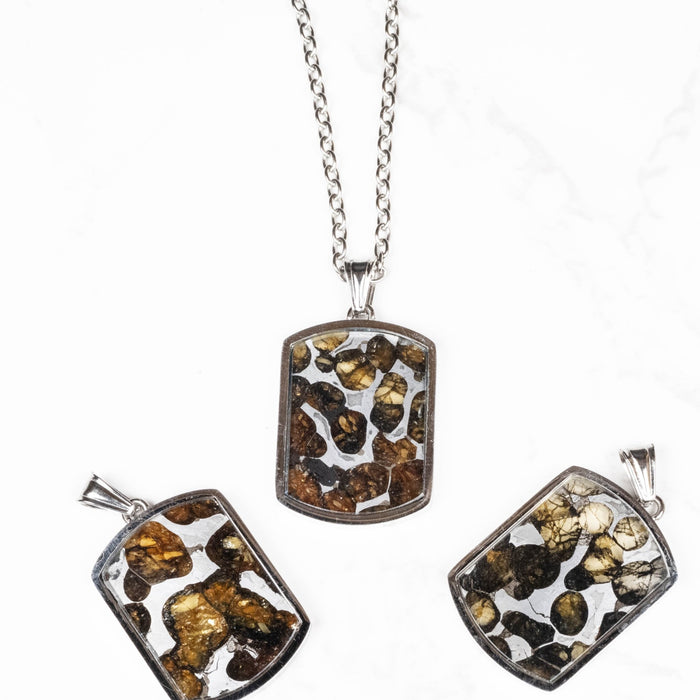 Sericho Pallasite Meteorite Pendant 28x21mm—Stainless Steel w/ 25" Chain - InnerVision Crystals