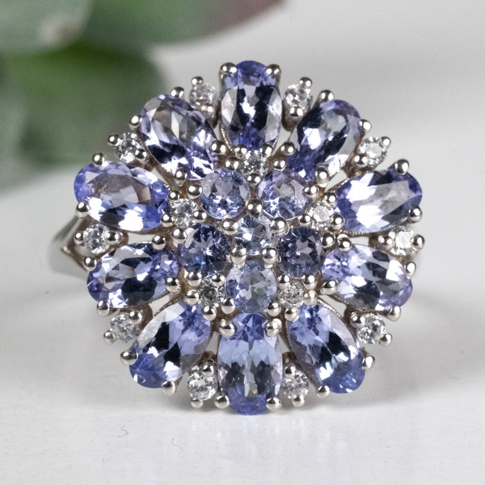 Tanzanite 4x3mm + 2.5mm + 1mm White Topaz Ring Size 8 .925 Silver - InnerVision Crystals