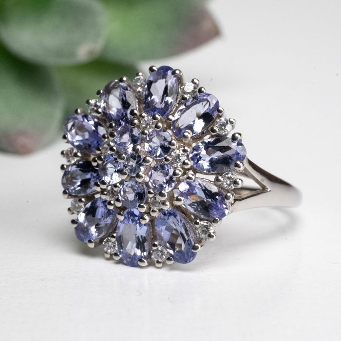 Tanzanite 4x3mm + 2.5mm + 1mm White Topaz Ring Size 8 .925 Silver - InnerVision Crystals