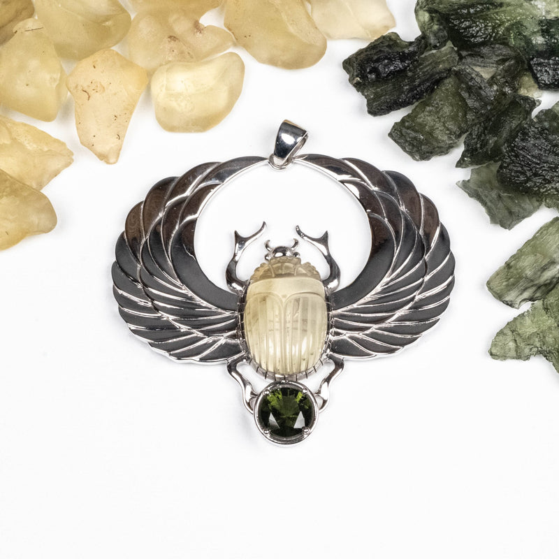 XL Libyan Desert Glass + Moldavite Scarab Pendant - InnerVision Crystals