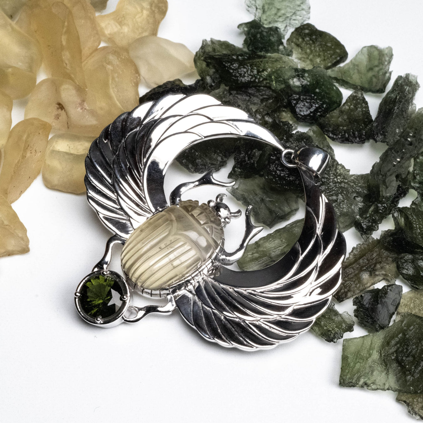 XL Libyan Desert Glass + Moldavite Scarab Pendant Limited Edition - InnerVision Crystals
