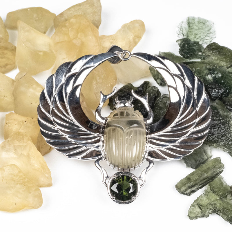 XL Libyan Desert Glass + Moldavite Scarab Pendant - InnerVision Crystals