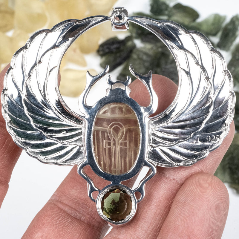 XL Libyan Desert Glass + Moldavite Scarab Pendant - InnerVision Crystals