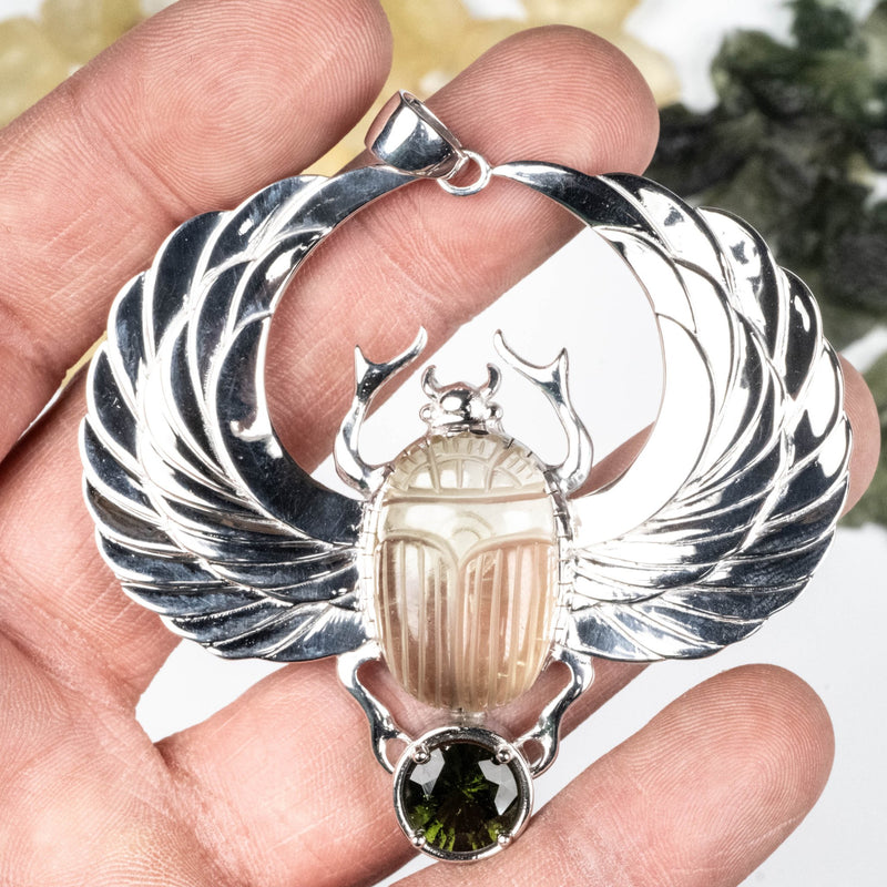 XL Libyan Desert Glass + Moldavite Scarab Pendant - InnerVision Crystals