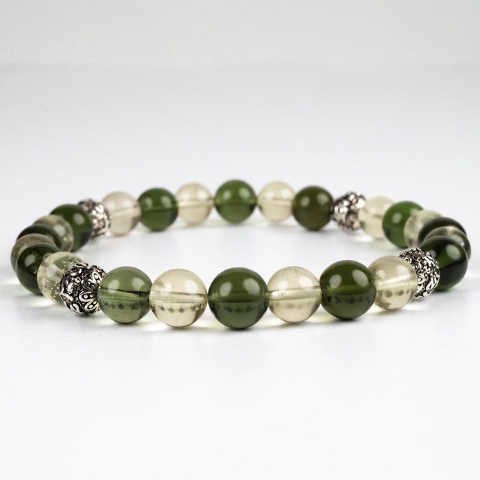 Moldavite + Libyan Desert Glass + Silver OM Bead Bracelet 8.25"