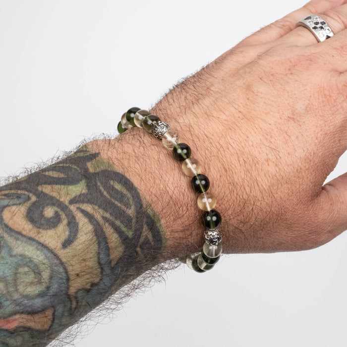 Moldavite + Libyan Desert Glass + Silver OM Bead Bracelet 8.25"