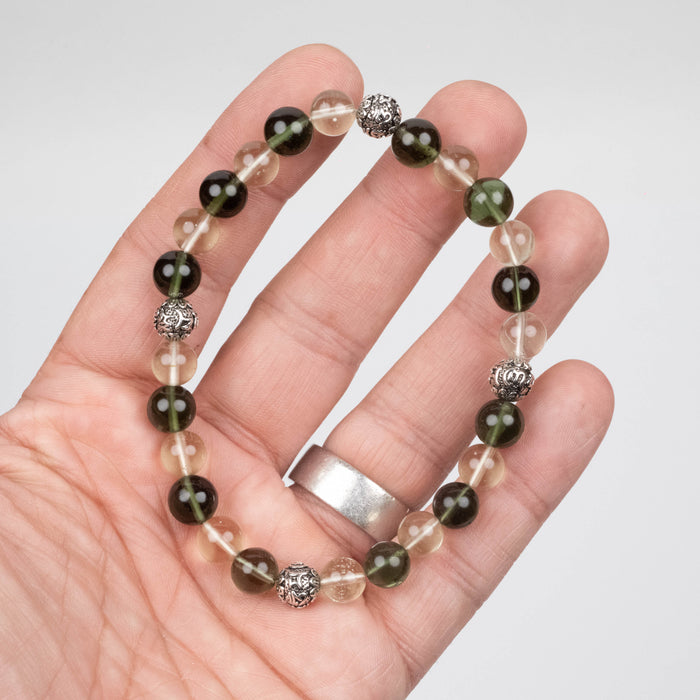 Moldavite + Libyan Desert Glass + Silver OM Bead Bracelet 8.25"