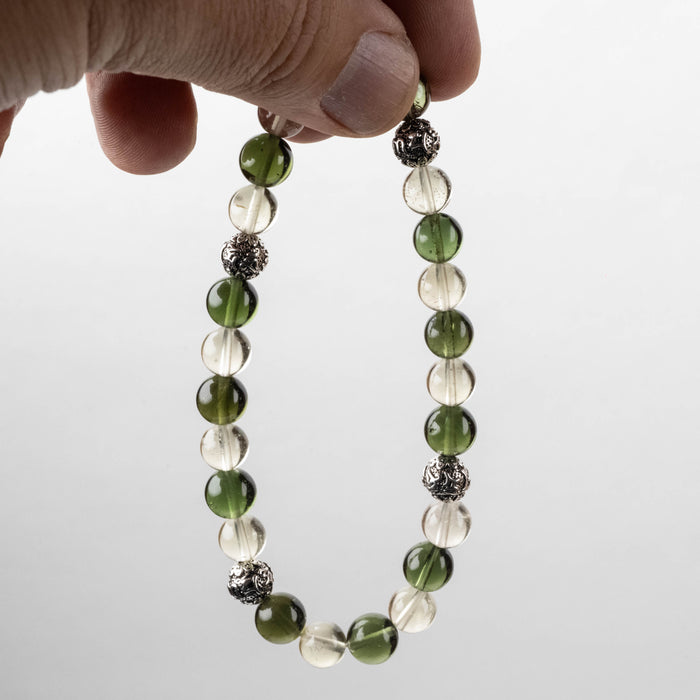 Moldavite + Libyan Desert Glass + Silver OM Bead Bracelet 8.25"