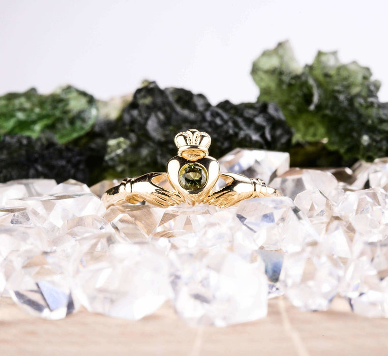 Claddagh Ring | Moldavite Gemstone 14k Gold - InnerVision Crystals