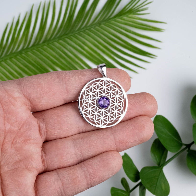 Flower of Life Pendant | Amethyst Gemstone .925 Silver - InnerVision Crystals