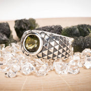 Moldavite Gemstone Mens Sunflower Ring .925 Silver - InnerVision Crystals