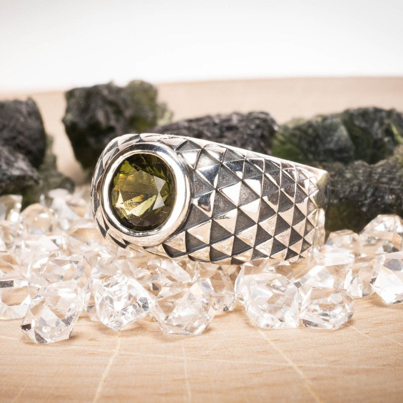 Moldavite Gemstone Mens Sunflower Ring .925 Silver - InnerVision Crystals
